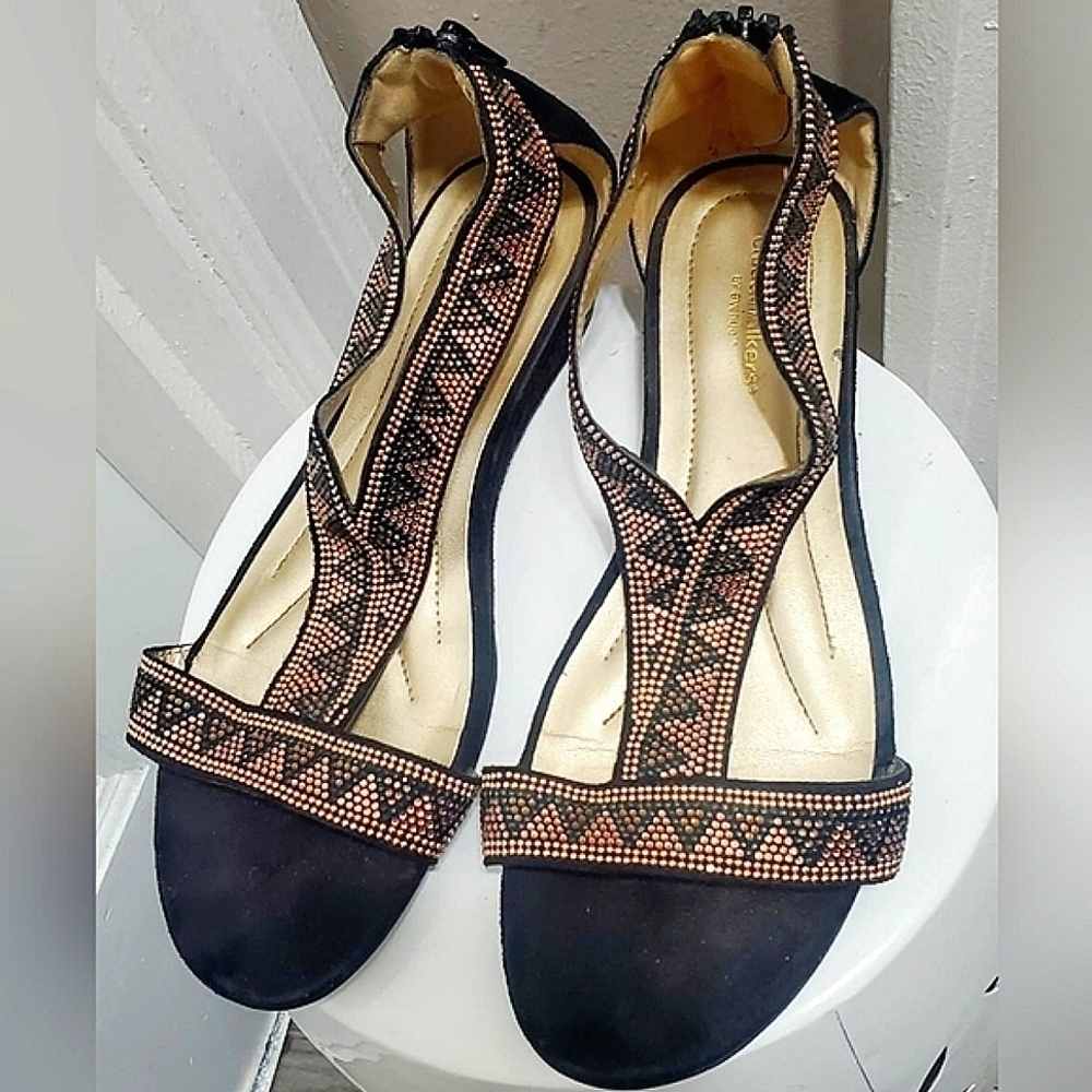 CLOUDWALKERS Beaded Black Rhinestone Zip Up Wedge Sandals Size 8W 🌴